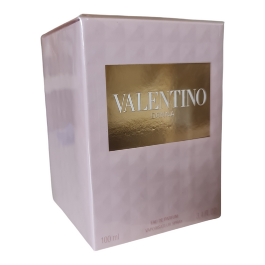 Valentino Donna Eau de Parfum 100ml. Perfume box at a angle.