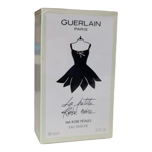 Guerlain La Petite Robe Noire Ma Robe Petales Eau Fraiche 100ml. Front angled photo of perfume box.