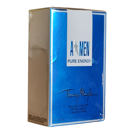 Mugler A*Men Pure Energy Limited Edition Eau De Toilette 100ml. Front angled photo of perfume box.