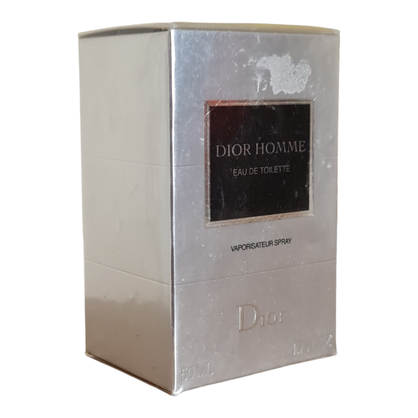 Dior Homme Silver Stem Eau De Toilette 50ml.  Front angled photo of perfume box.