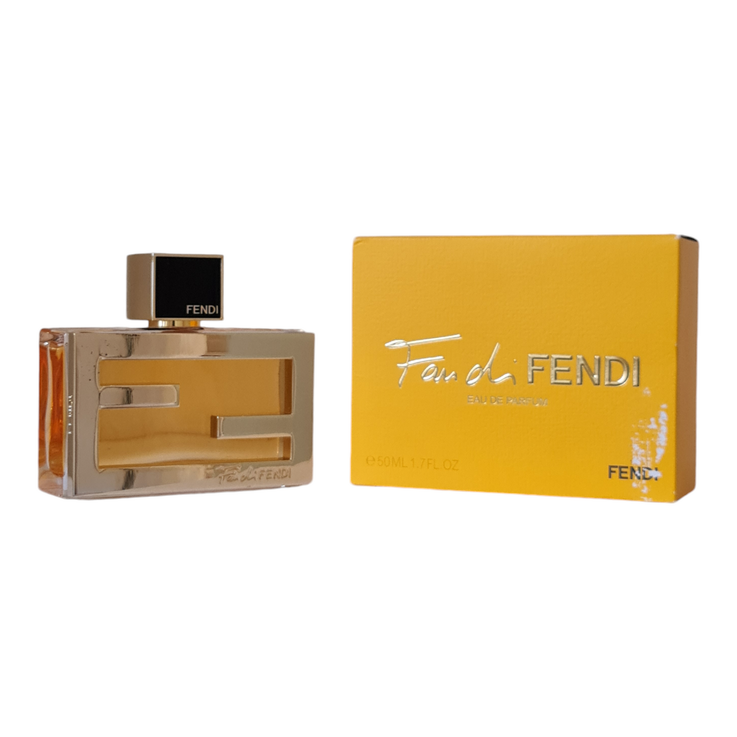 Second photo of perfume bottle and box together at a angle side by side.