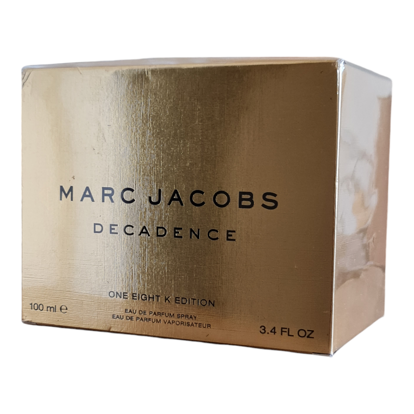 Marc Jacobs Decadence One Eight K Edition Eau de Parfum 100ml. Front angled photo of perfume box.