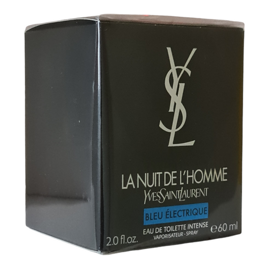 Yves Saint Laurent La Nuit De L'Homme Bleu Electrique EDT 60ml. Angled photo of perfume box one.