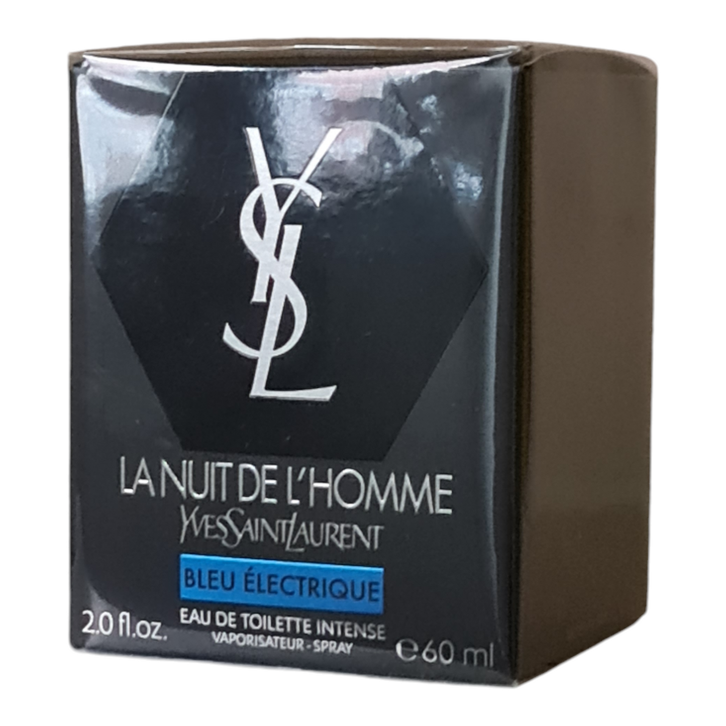 Yves Saint Laurent La Nuit De L'Homme Bleu Electrique EDT 60ml. Angled photo of perfume box two.