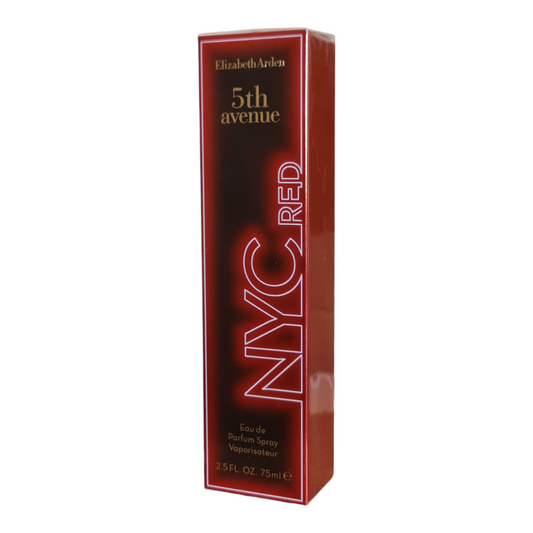 Elizabeth Arden 5th Avenue NYC Red Eau de Parfum 75ml. Front angled photo of perfume box.