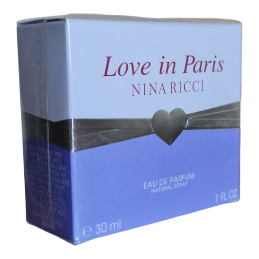 Nina Ricci Love in Paris Eau De Parfum 30ml. Front angled photo of perfume box.