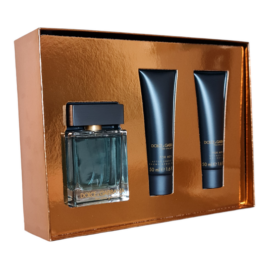 Dolce&Gabbana The One Gentleman 50ml Gift Set. Front angled photo of gift set with lid off.