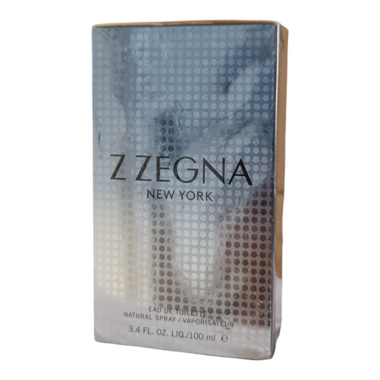 Ermenegildo Z Zegna New York Eau De Toilette 100ml. Front angled photo of perfume box.