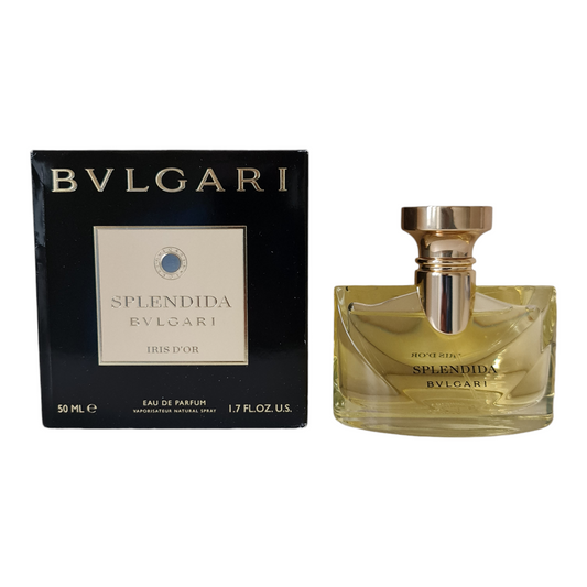 Bvlgari Splendida Iris d'Or Eau de Parfum 50ml. Perfume and bottle side by side.