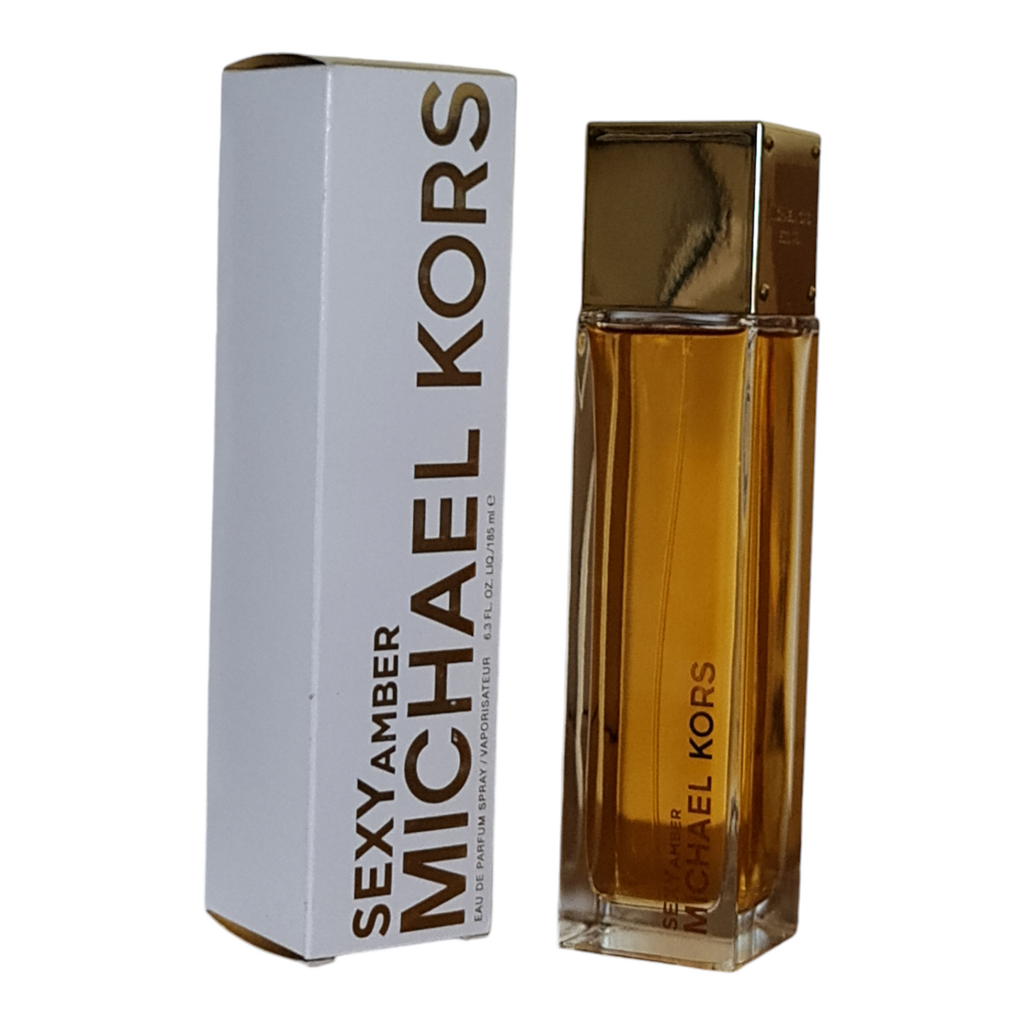 Michael Kors Sexy Amber Eau de Parfum 185ml (Vintage). Angled photo of perfume box and bottle.