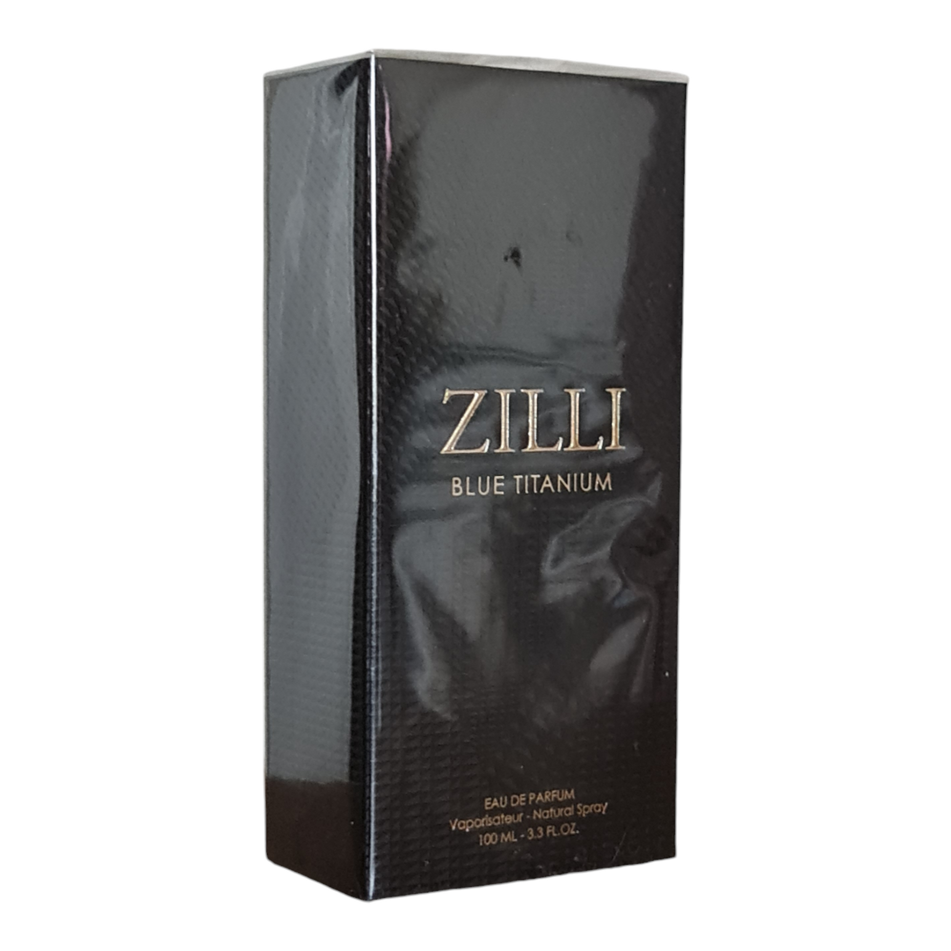 Zilli Blue Titanium Eau De Parfum 100ml. Perfume box at a angle photo.