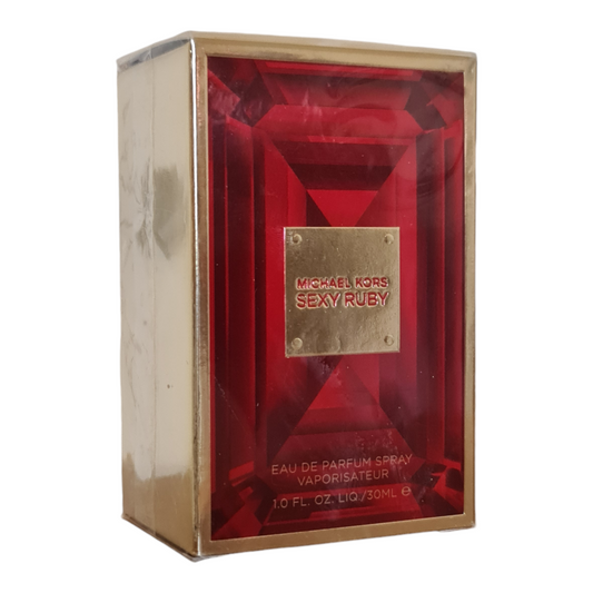 Michael Kors Sexy Ruby Eau De Parfum 30ml. Photo one of perfume box at a angle.