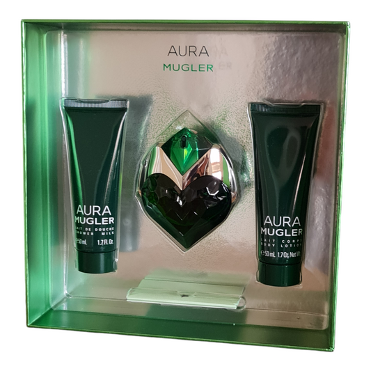 Mugler Aura Eau De Parfum 30ml Gift Set. Photo of inside of perfume box.