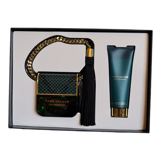 Marc Jacobs Decadence Eau de Parfum 50ml & Lavish Body Lotion 75ml Set. Front angled photo of gift box showing perfume bottle and lotion.