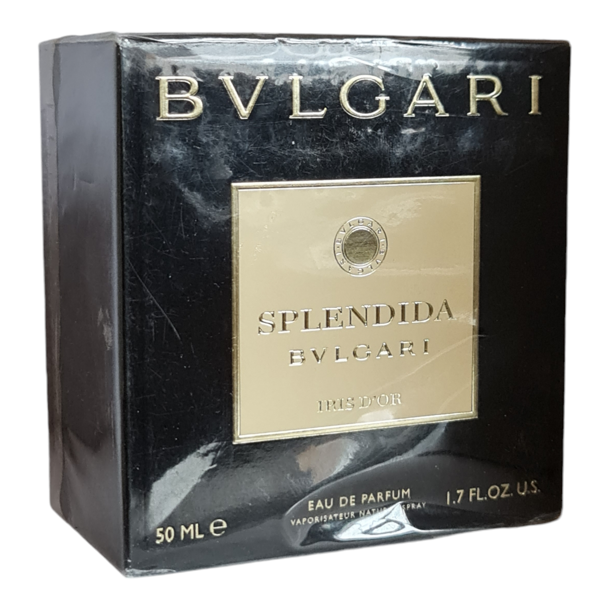 Bvlgari Splendida Iris d'Or Eau de Parfum 50ml. Perfume and Fragrance Angled photo one of box.