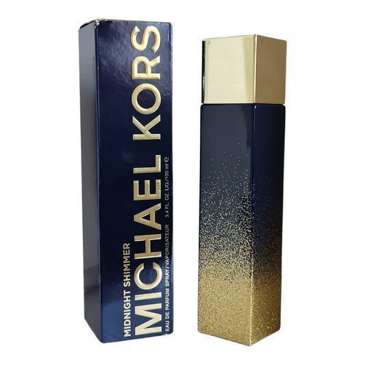 Michael Kors Midnight Shimmer Eau de Parfum 100ml. Front angled photo of perfume box and bottle.