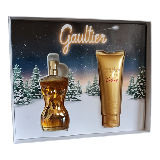 Jean Paul Gaultier Classique Intense Eau de Parfum 50ml Gift Set. Photo showing the perfume bottle and the 75ml perfumed body lotion.