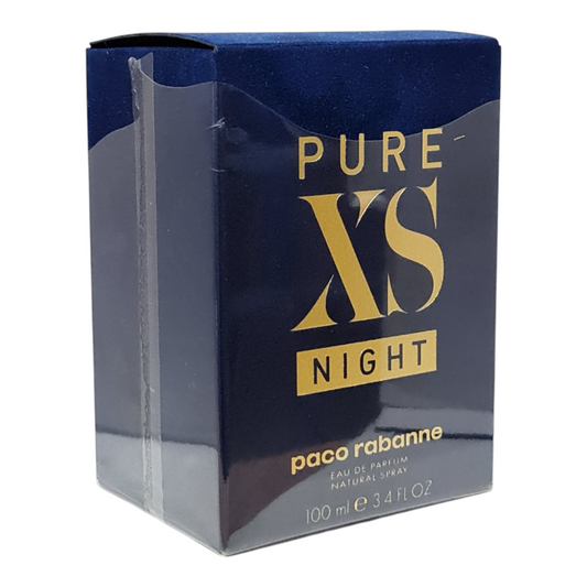 Paco Rabanne Pure XS Night Eau de Parfum 100ml. Front angled photo showing missing cellophane on top.