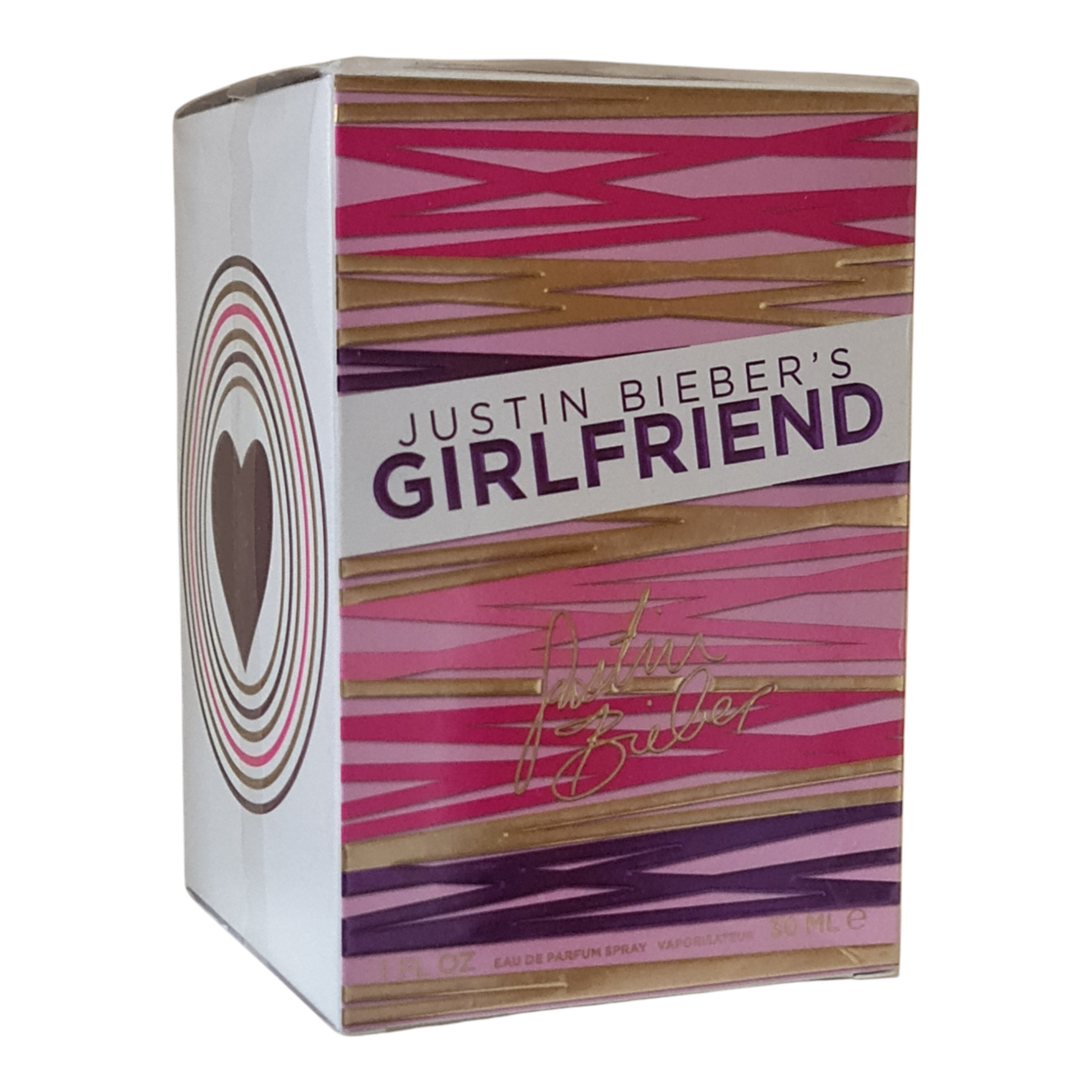 Justin Bieber's Girlfriend Eau de Parfum 50ml. Cologne box at a angle photo.