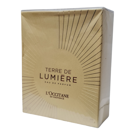 L'Occitane En Provence Terre De Lumiere Eau de Parfum 90ml. Front angled photo of perfume box. 