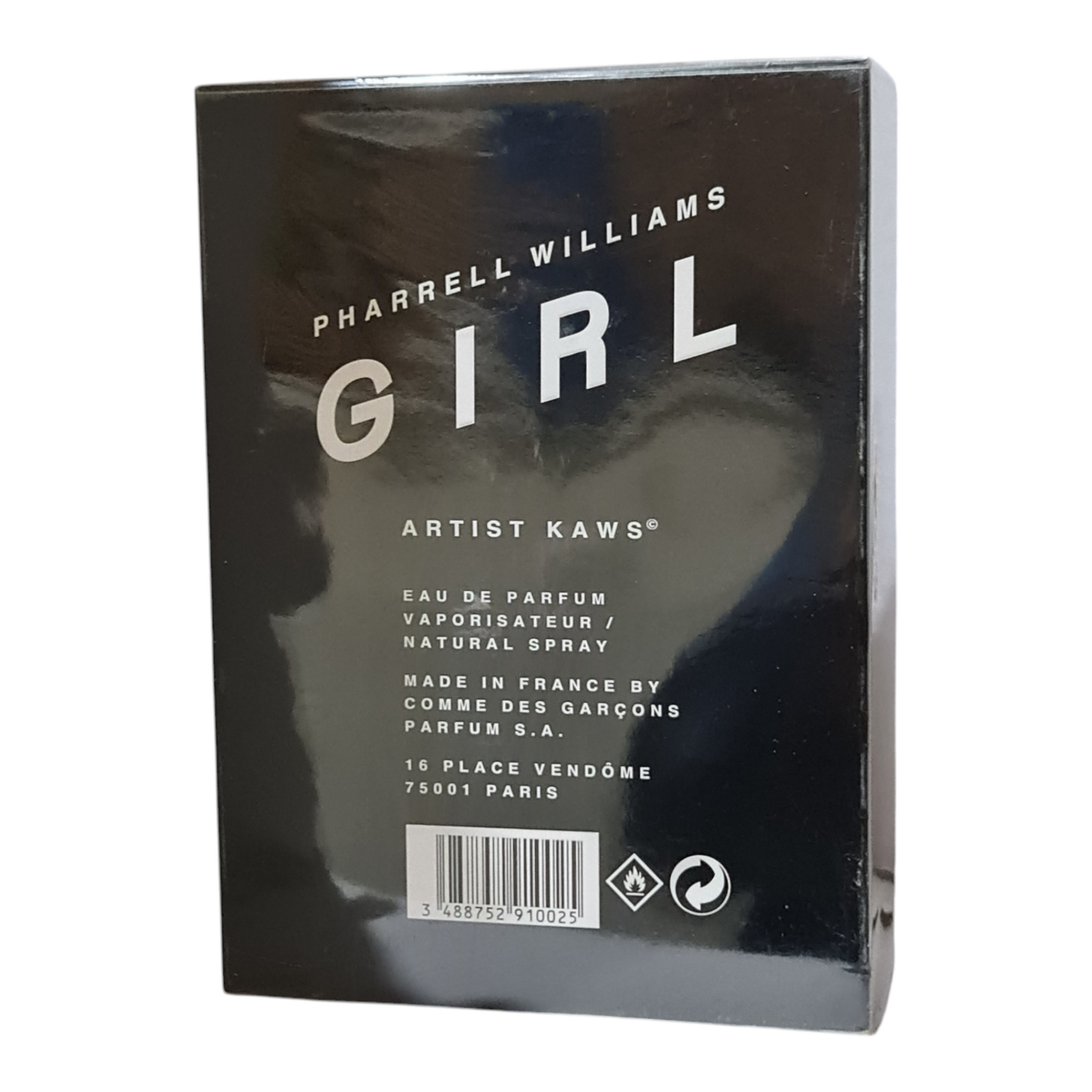 Pharrell Williams Girl Unisex Fragrance Eau de Parfum 100ml. Rear angled photo of perfume box.