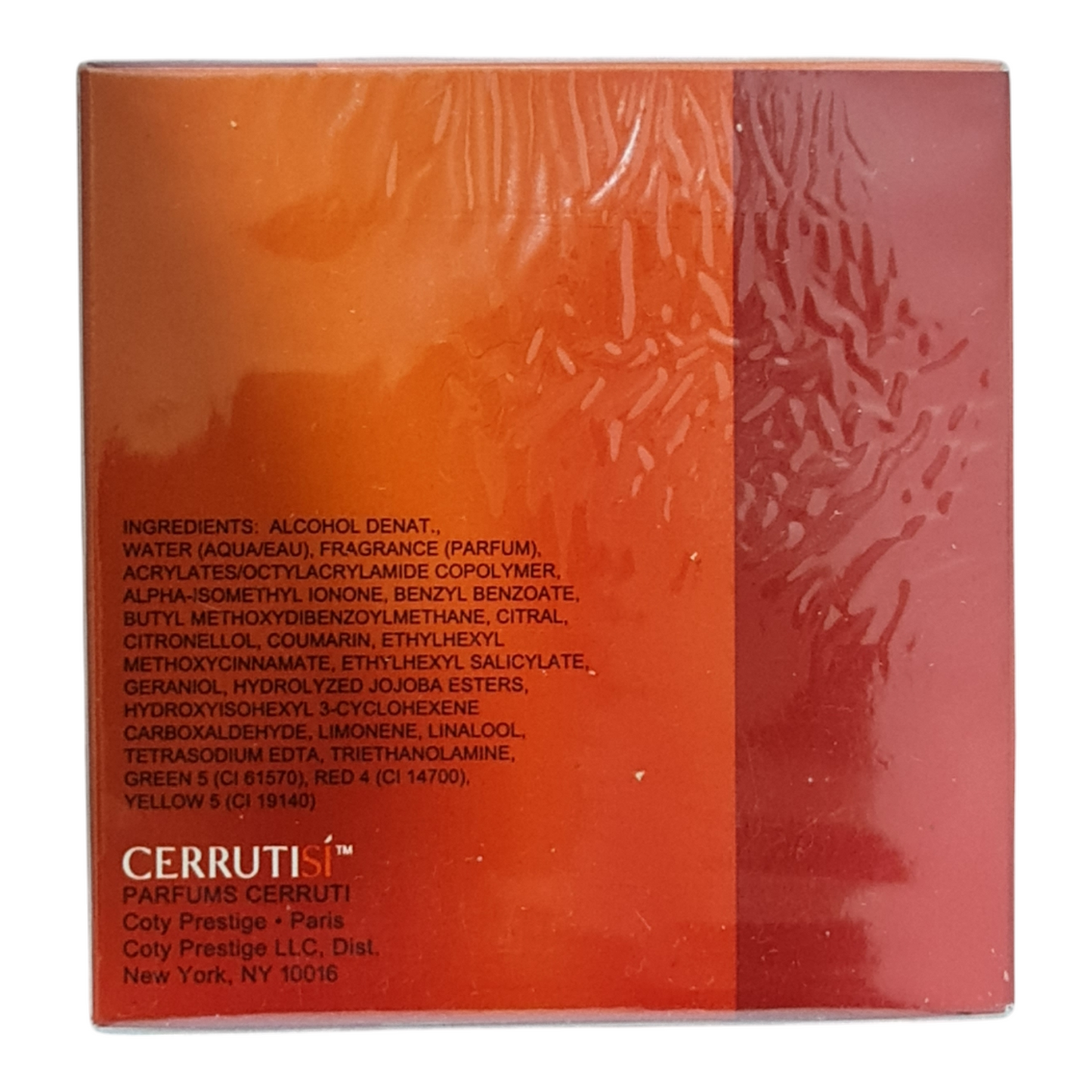 Rear photo of perfume box showing ripples in cellophane.