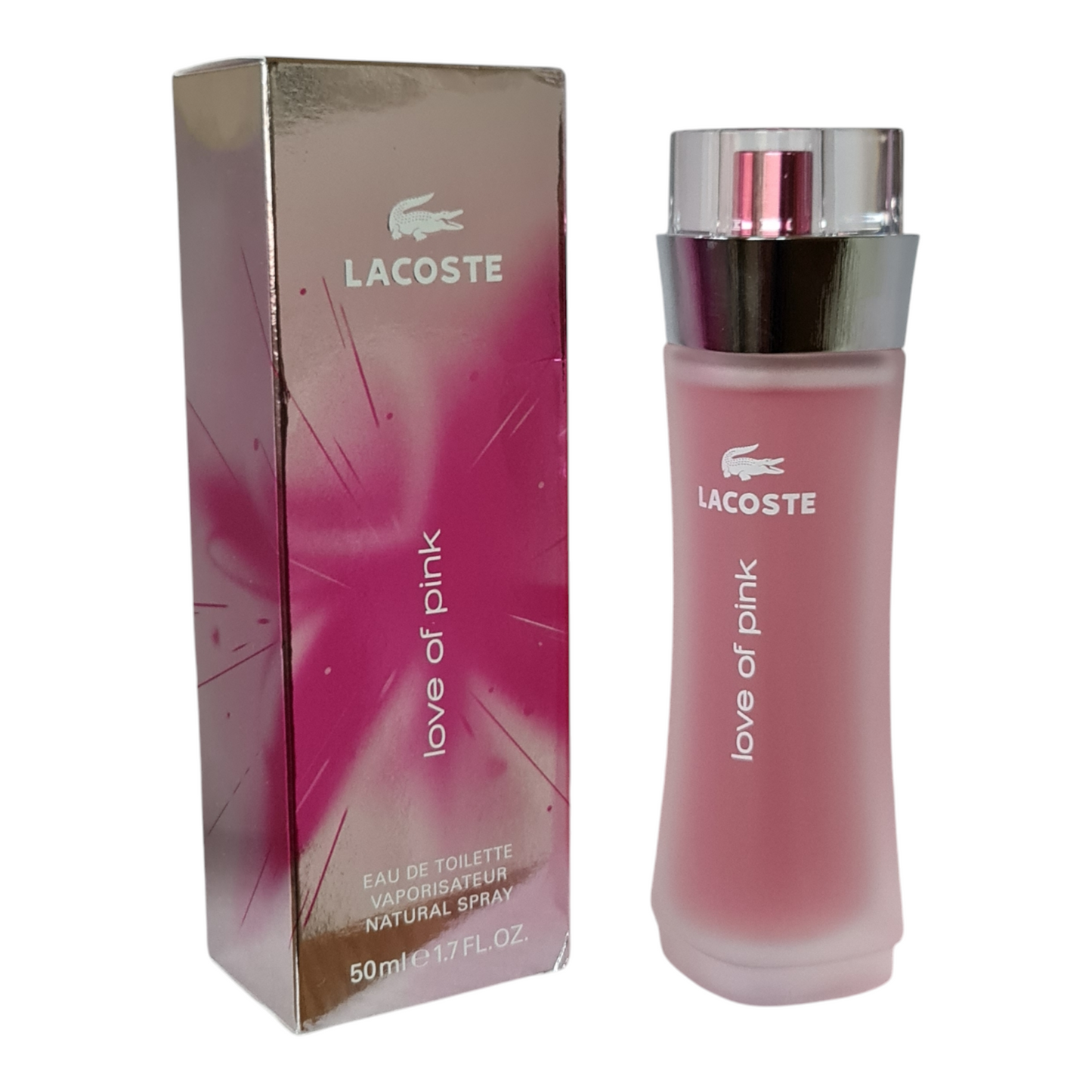 Lacoste Love of Pink Eau de Toilette 50ml. Perfume box and bottle side by side.