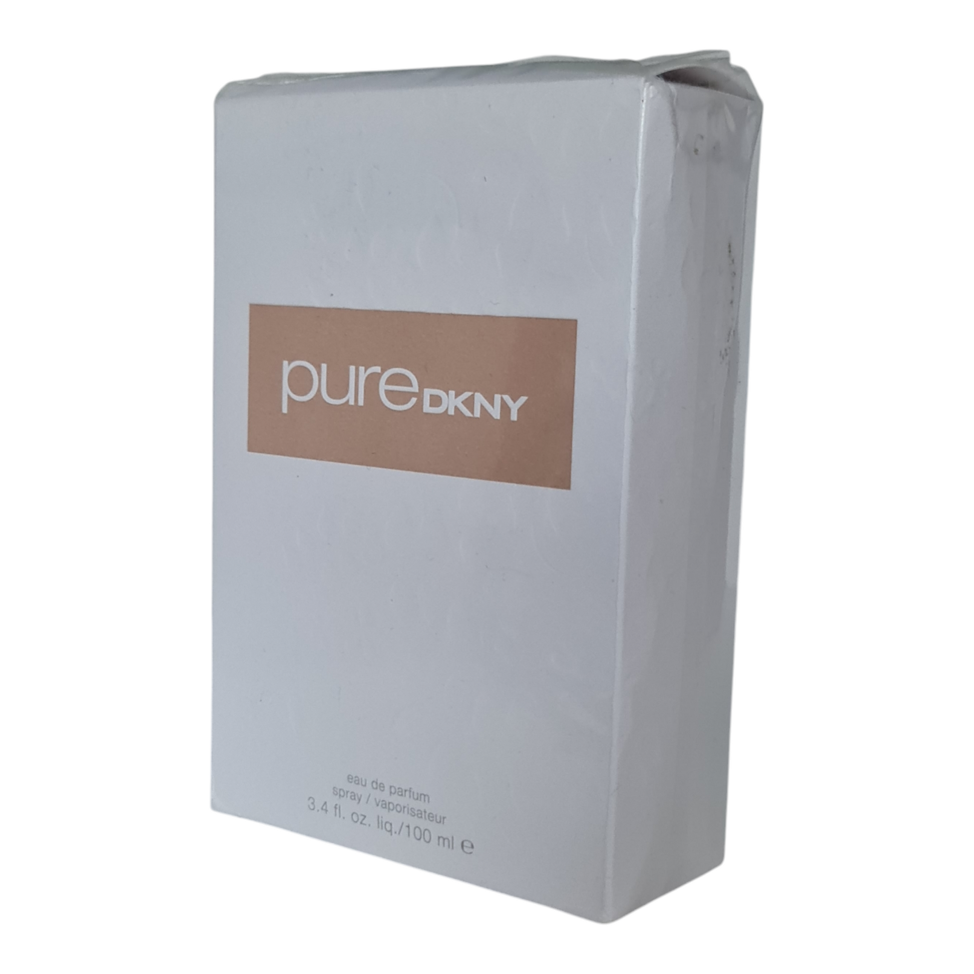 Pure DKNY A Drop of Vanilla by Donna Karan Eau de Parfum 100ml. Box & cellophane imperfect. Front angled photo of perfume box.