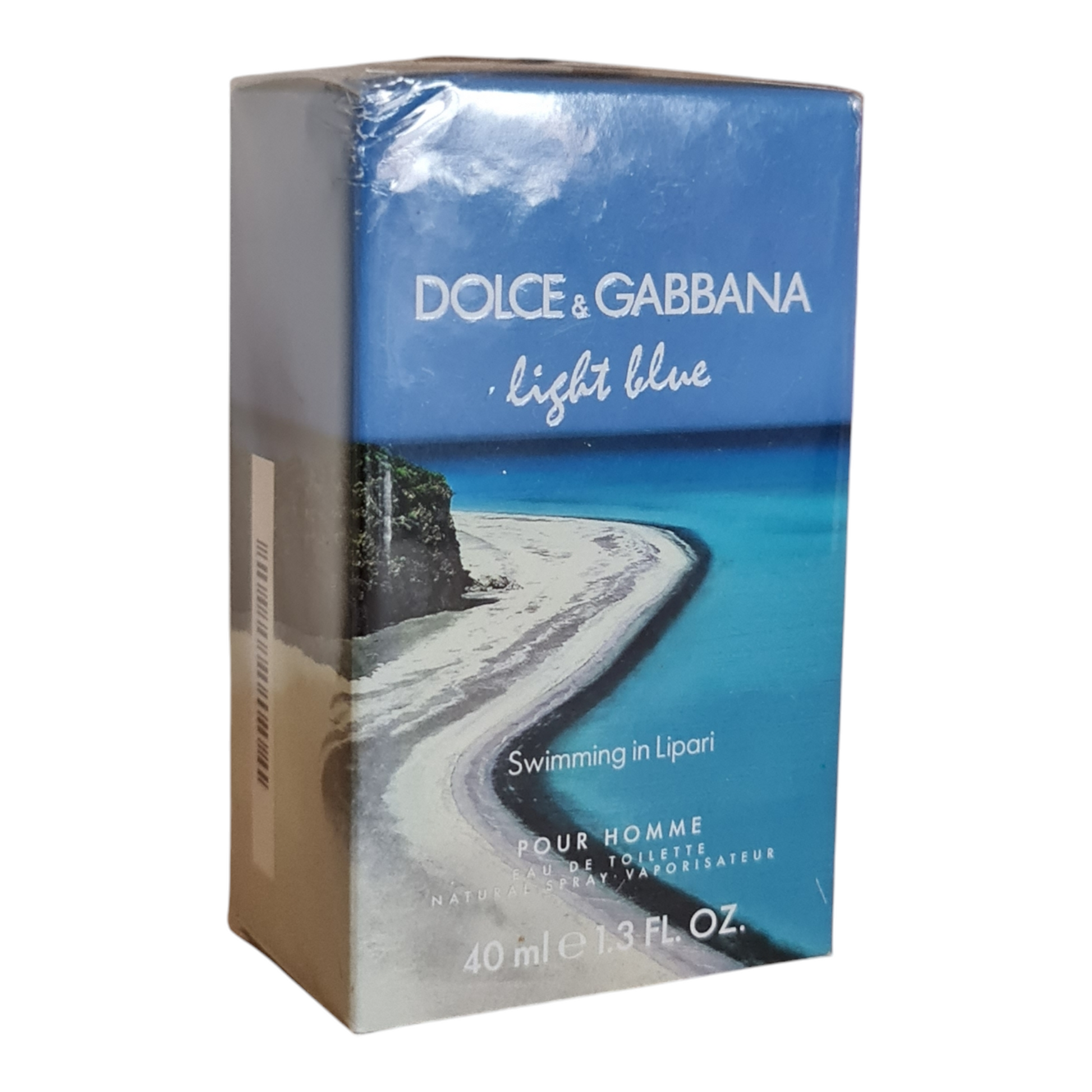 Dolce & Gabbana Light Blue Swimming in Lipari Eau de Toilette 40ml. Front angled photo of cologne box.