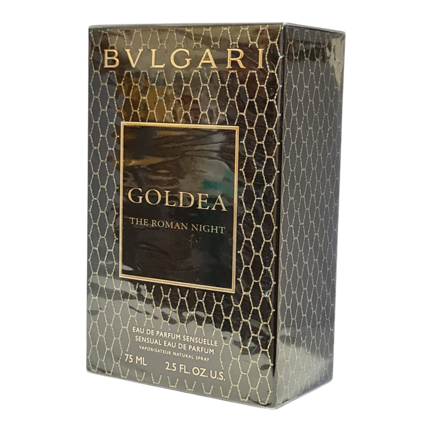 Bvlgari Goldea The Roman Night Eau de Parfum 75ml. Front angled photo of perfume box.