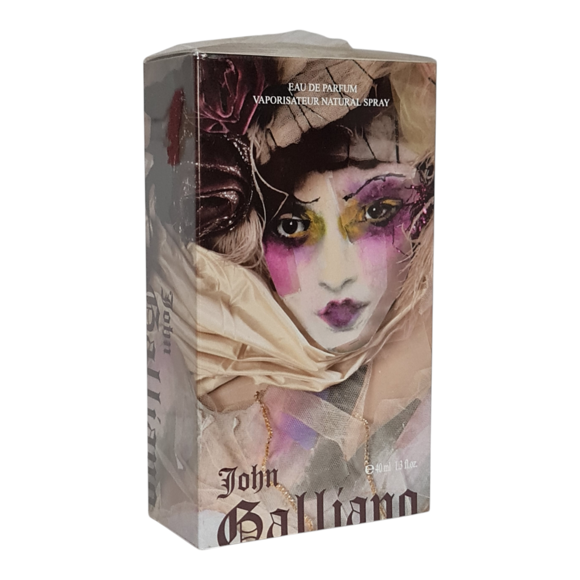 John Galliano Eau De Parfum 40ml. Imperfect Cellophone. Front angled photo of the perfume box.