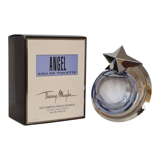 Thierry Mugler Angel Eau de Toilette 80ml Refillable Comet. Unsealed. Box and perfume bottle side by side at a angle.