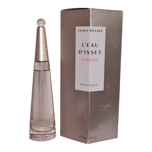 Issey Miyake L'eau D'Issey Florale Eau de Toilette 50ml. Perfume bottle and box side by side.