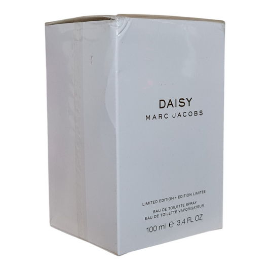 Marc Jacobs Daisy 10th Anniversary Eau de Toilette 100ml. Angled photo of box perfume box.