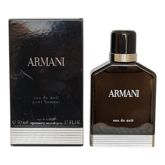 Armani Eau De Nuit Pour Homme Eau De Toilette 50ml. Vintage. Photo of cologne box and bottle together.