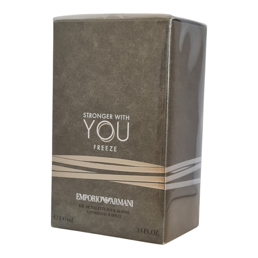 Emporio Armani Stronger With You Freeze Eau de Toilette 100ml. Front angled photo of perfume box.