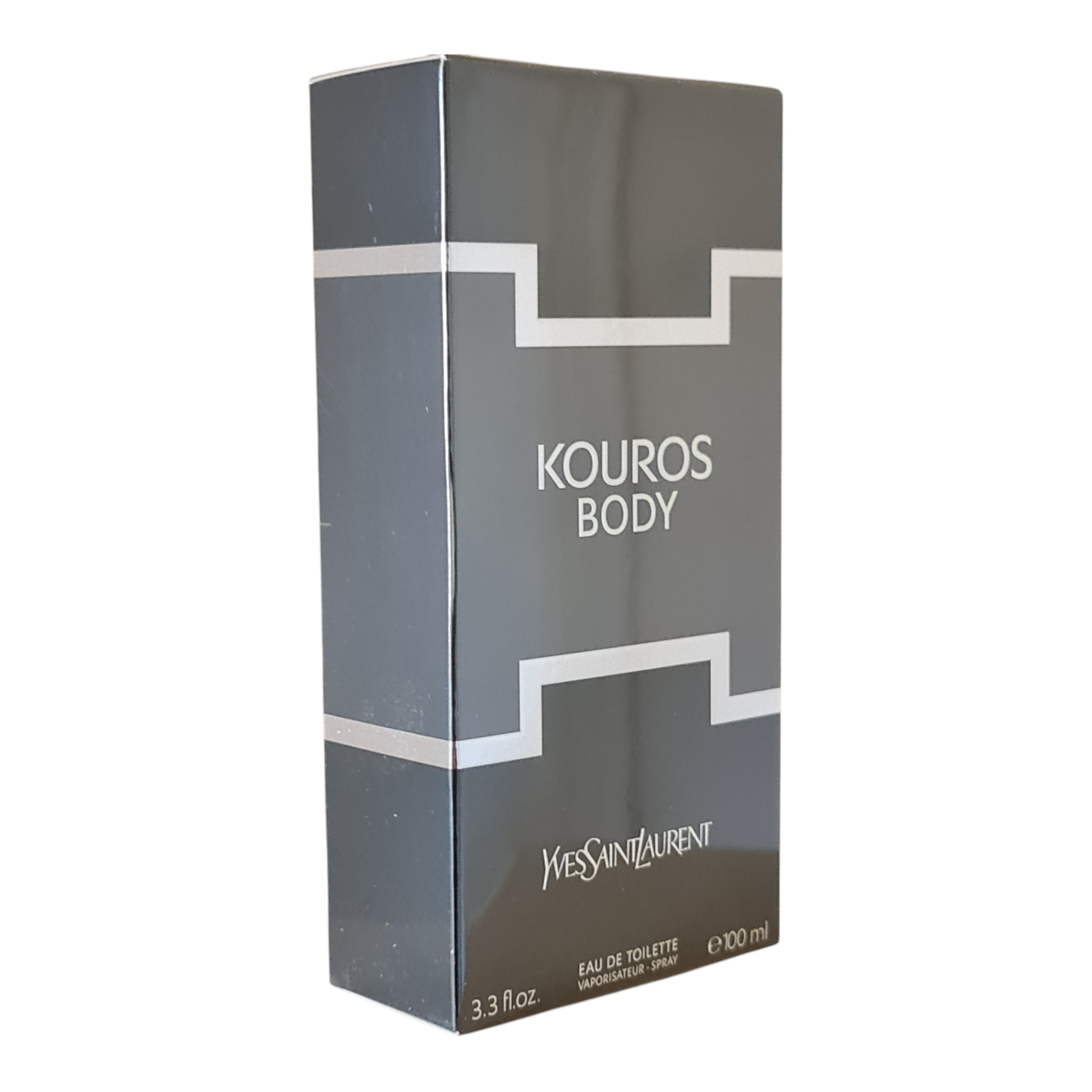 Yves Saint Laurent Body Kouros Eau de Toilette 100ml. Front angled photo of perfume box.