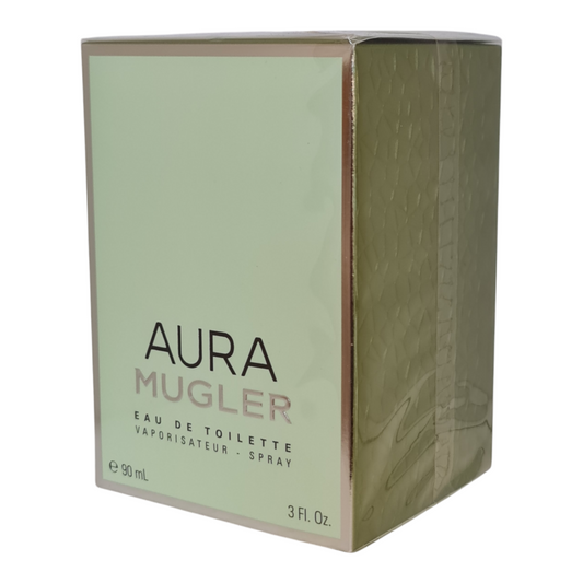 Mugler Aura Eau de Toilette 90ml. Front angled photo of cologne box.