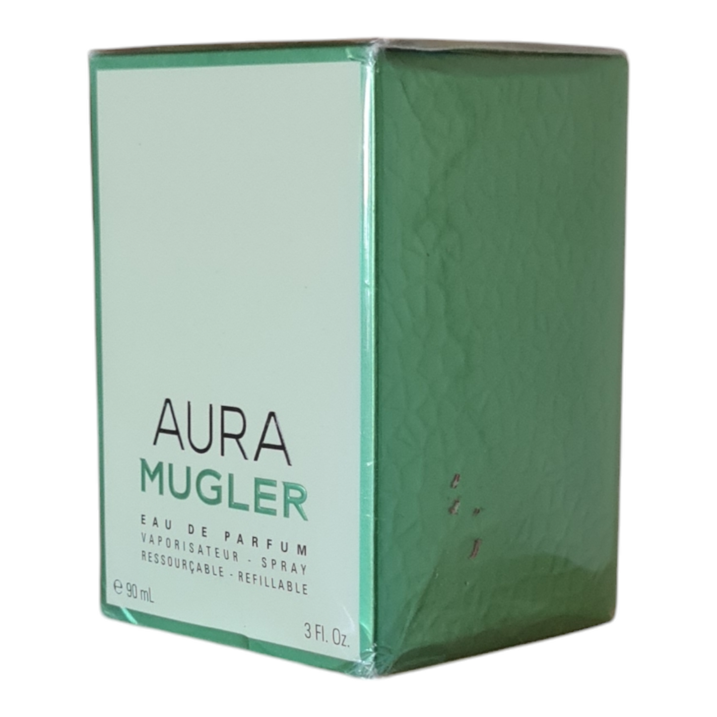 Mugler Aura Eau de Parfum 90ml. Imperfect box and cellophane. Second angled photo of perfume box.