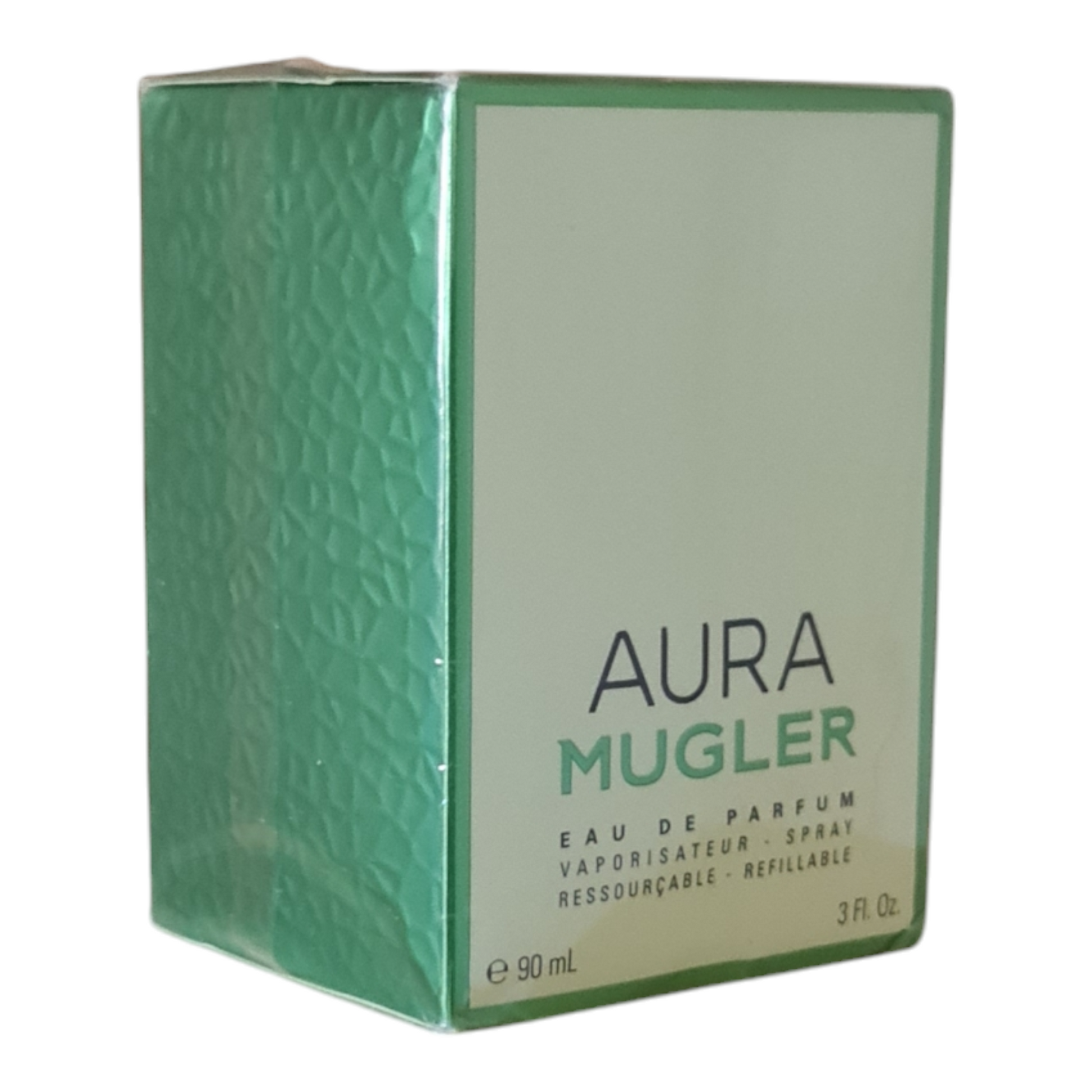 Mugler Aura Eau de Parfum 90ml. Imperfect box and cellophane. Front angled photo of cologne box.