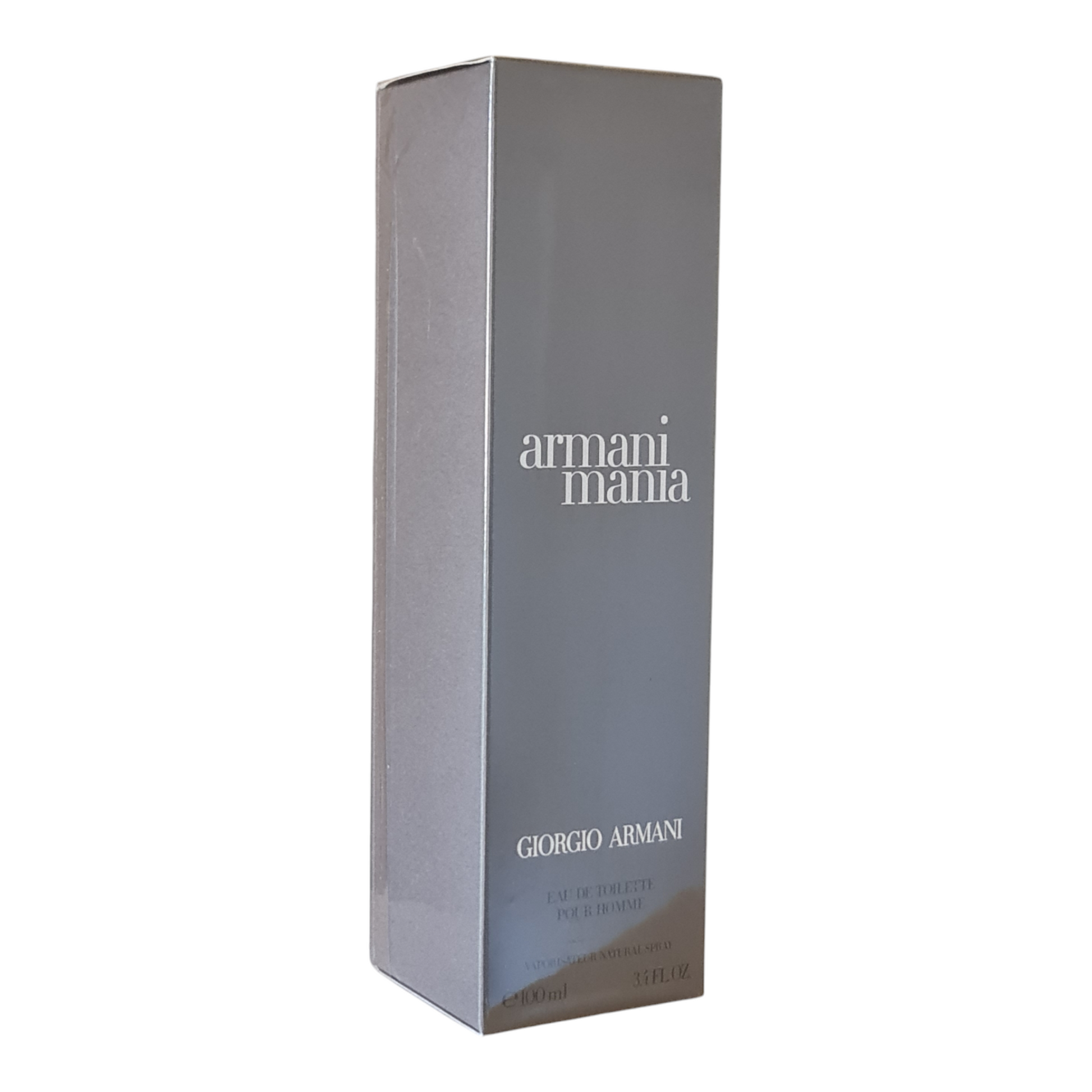 Giorgio Armani Mania Eau De Toilette Pour Homme 100ml. Front angled photo of perfume box.