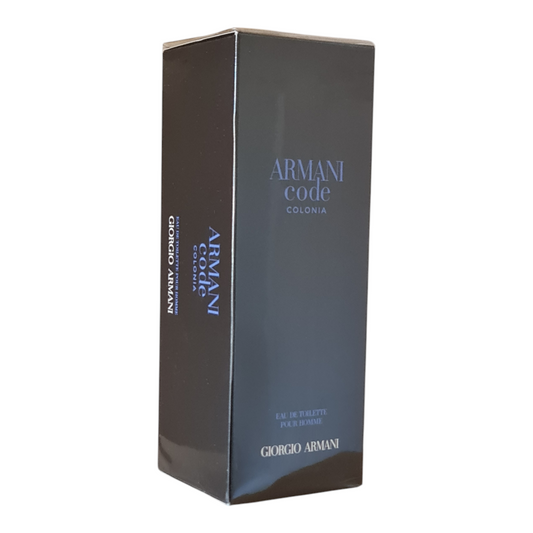 Giorgio Armani Code Colonia Eau de Toilette 200ml. Front angled photo of perfume box.