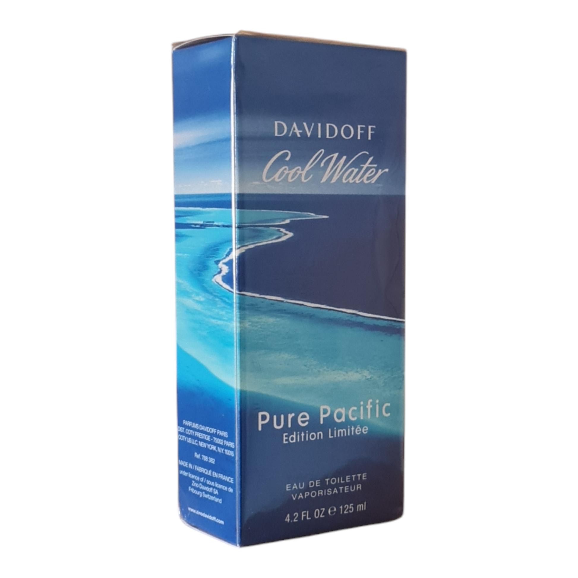 Davidoff Cool Water Pure Pacific Limited Edition Eau de Toilette 125ml. Front angled photo or perfume box.