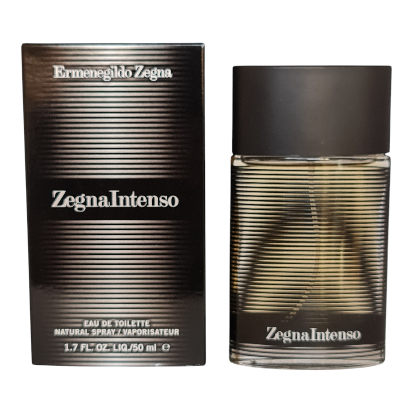 Ermenegildo Zegna Intenso Eau De Toilette 50ml. Perfume box and bottle side by side photo.