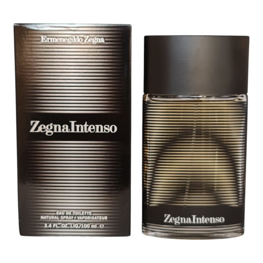 Ermenegildo Zegna Intenso Eau De Toilette 100ml. Photo of perfume box and bottle side by side.