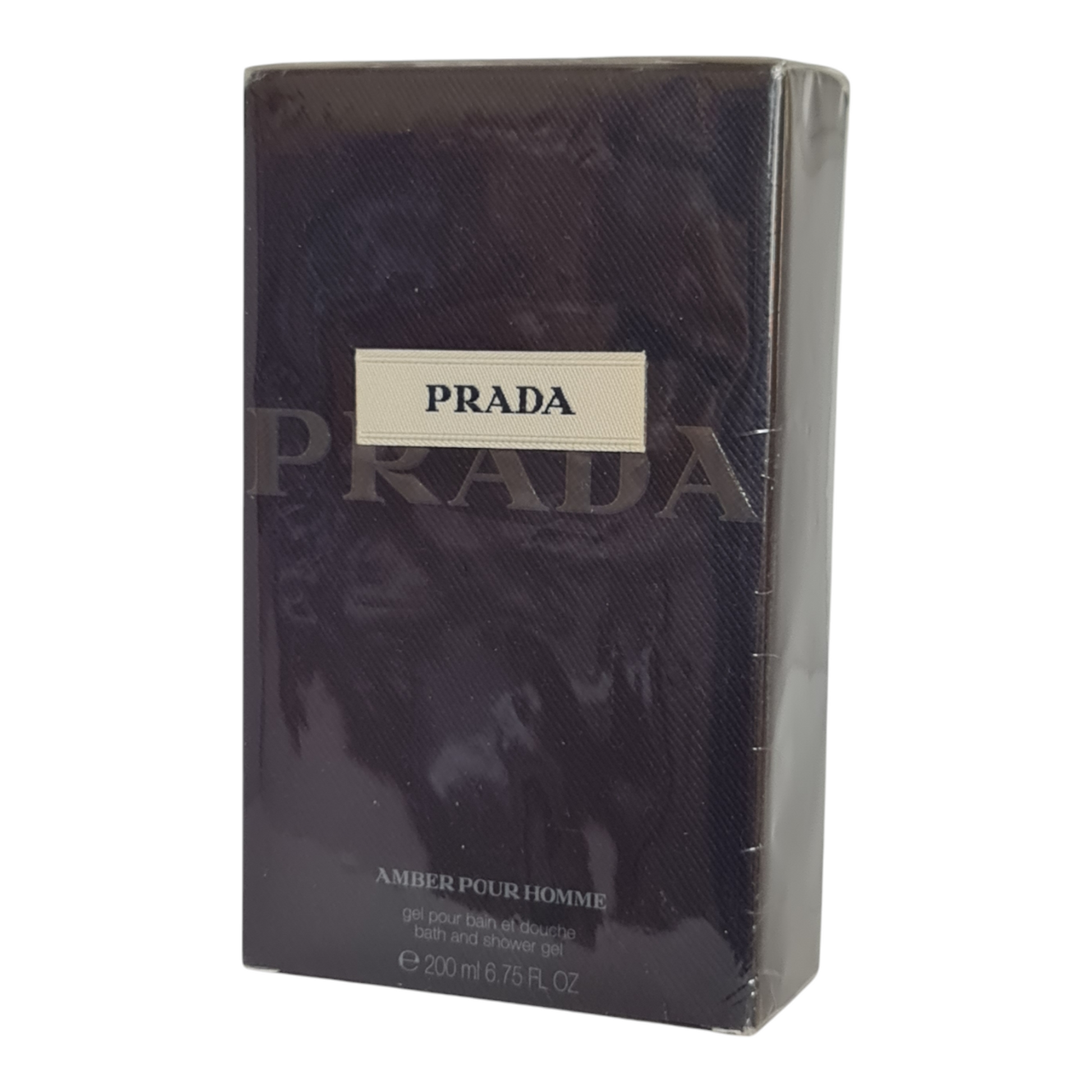 Prada Amber Pour Homme Shower Gel 200ml. Front angled photo of shower gel box.