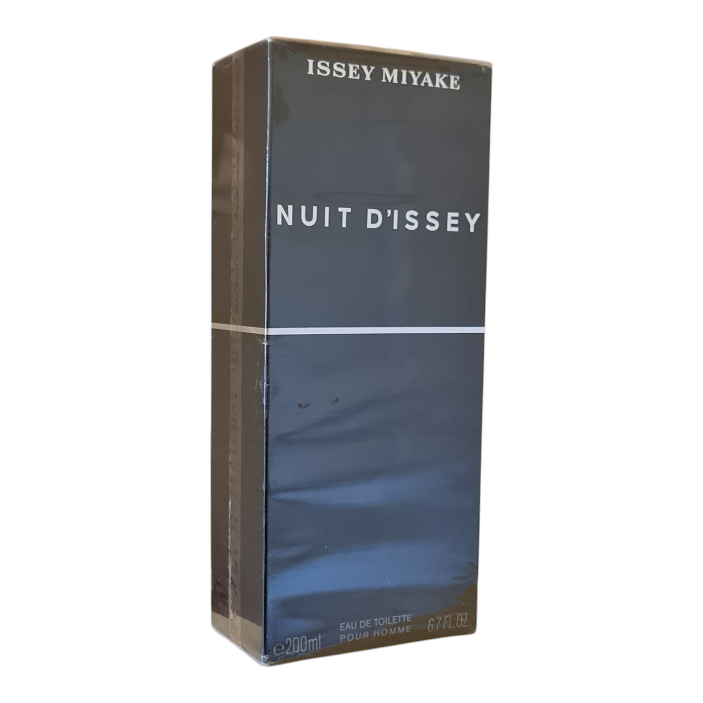 Issey Miyake Nuit D'Issey Eau de Toilette 200ml. Vintage. Imperfect Box. Front angled photo of perfume box.