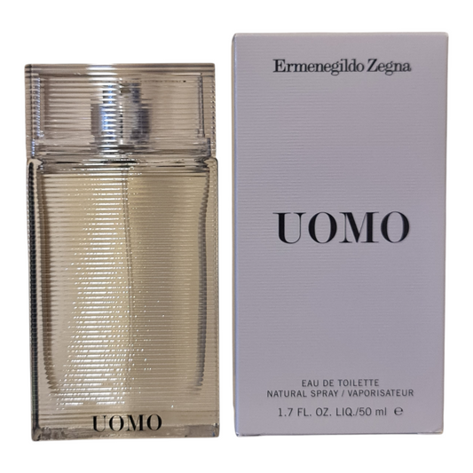 Ermenegildo Zegna Uomo Eau de Toilette 50ml. Perfume box and bottle side by side.