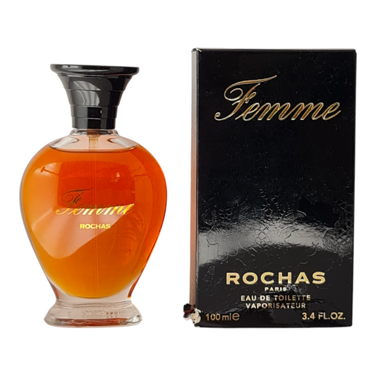 Rochas Femme Eau De Toilette 100ml. Unsealed & Imperfect Box. Older Batch. Perfume bottle and box side by side.