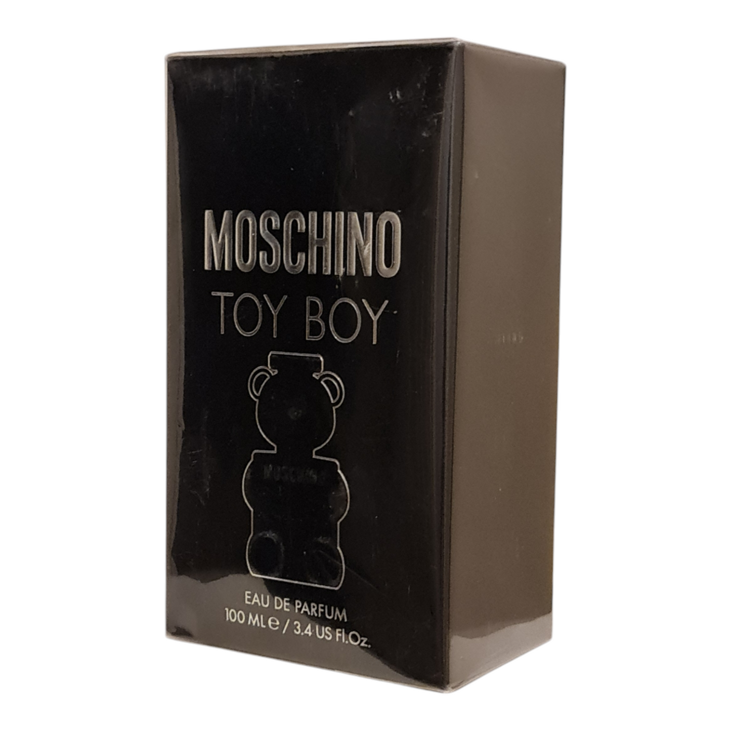 Moschino Toy Boy Eau de Parfum 100ml. Front angled photo of perfume box.